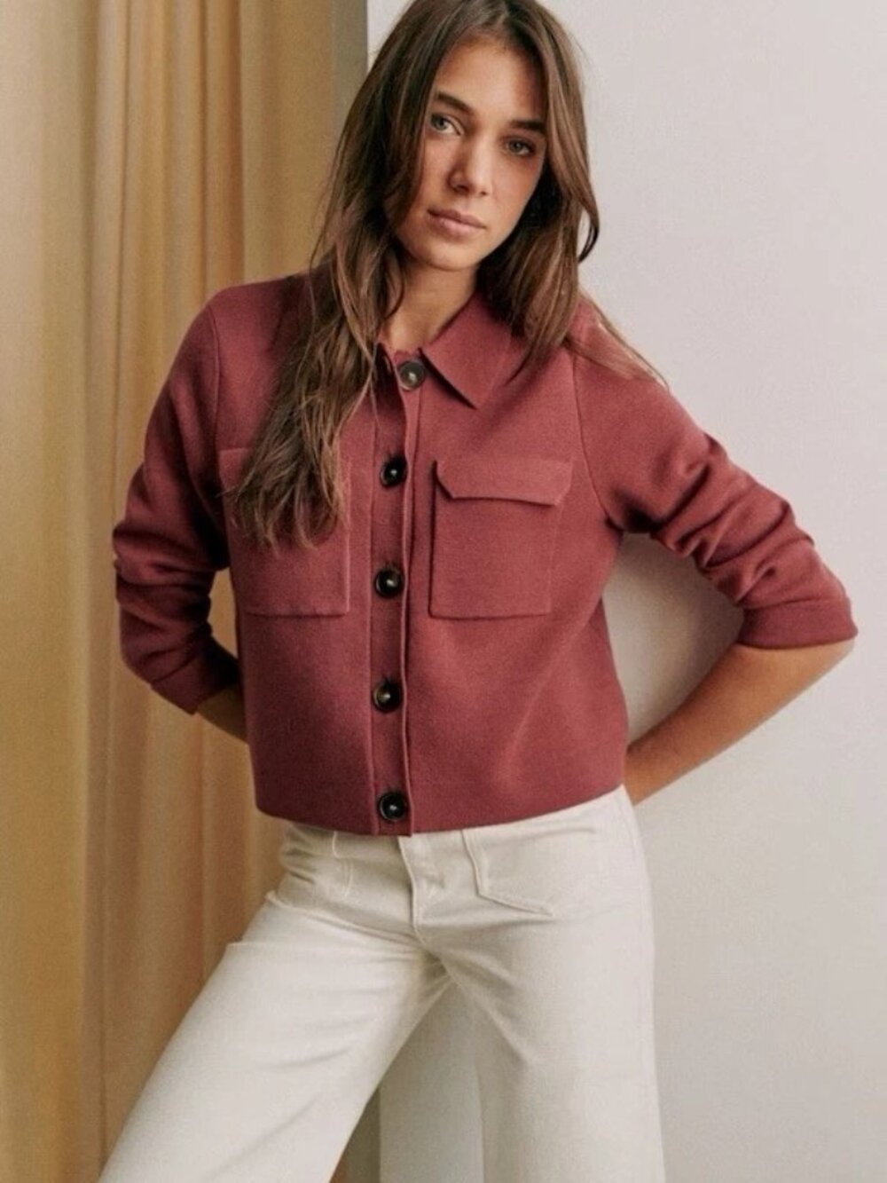 Sézane 100% Merino Wool Collared Cropped Rosewood‎ Betty Cardigan Size XXS